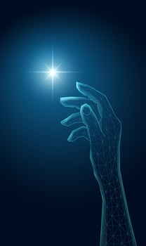 Futuristic wireframe hand, with glowing light. vector