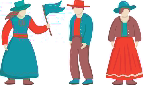 set isolated cartoon pioneer day characters traditional costumes, including women in dresses and man in trousers hat, perfect for historical cultural themes vector