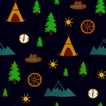 whimsical seamless pattern pioneer day father's day, featuring mountains, evergreen trees, tipis, cowboy hats, wagon wheels, suns, compasses dark background vector