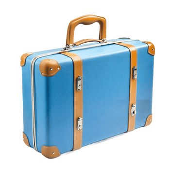 Stylish light blue suitcase with tan accents, perfect for travel. png