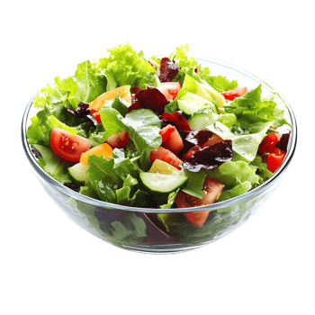 Fresh mixed greens salad in a clear glass bowl. png