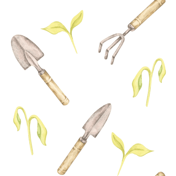 Gardening Hand tools and green seedlings. Vintage Trowel, fork, sprouts watercolor clipart seamless pattern, ideal for eco-friendly packaging, garden-themed textiles, or botanical wrapping paper png
