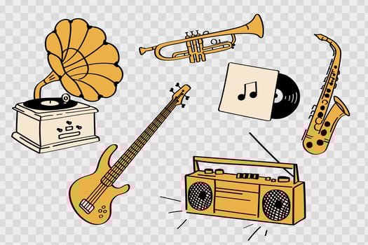 Retro Music Instruments Set Gramophone, Guitar, Saxophone, Trumpet, Boombox, Vinyl. Hand drawn set of retro musical instruments for posters, events, and music celebration designs. vector