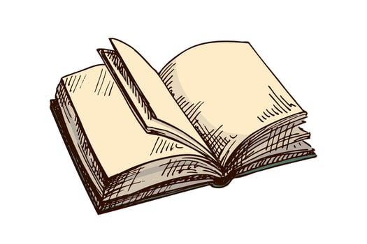 Hand-drawn vintage sketch of open book with flipping pages in brown ink, detailed color engraving style vector