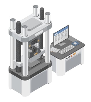 Isometric steel test lab machine connected to a computer for analyzing tensile and compressive strength of metal samples in industrial quality control processes vector