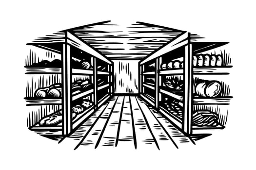 woodcut black and white bakery illustration with breads and rustic shelving vector