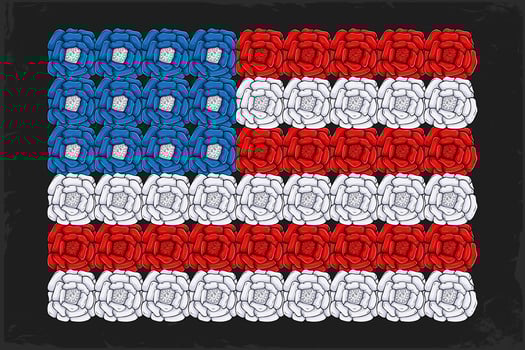 Hand drawn American flag made of flowers celebrating independence day, remembering national memory day, honoring veterans day vector