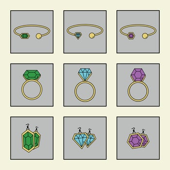 Simple set of vintage jewelry related icons. Includes earrings, diamonds, diamond shapes, engagement rings, and more. More available in profile. vector