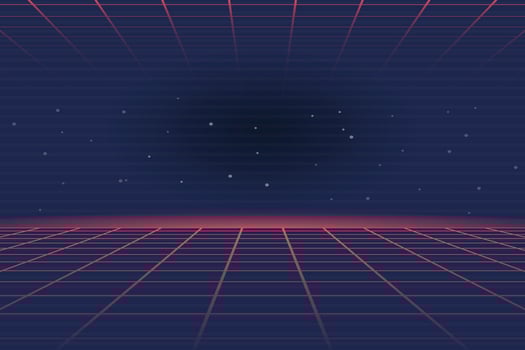 Retro futuristic synthwave vaporwave background with neon laser grid and abstract landscape. 80s style illustration for music, games, or digital art projects. vector