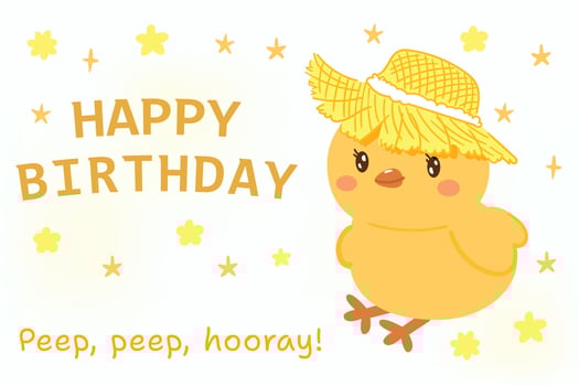 Greeting card cute Yellow little Chicken with straw hat. Happy birthday postcard for print or design for poster. text Peep hooray. hand drawn illustration on white background horizontal vector
