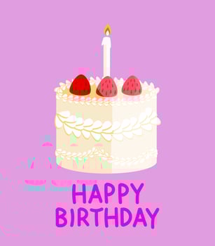 Cute minimalistic trendy Happy Birthday card with creamy cake. dessert decor strawberry and one candle. Holiday background on pink background. sweet sugar postcard or poster celebration vector