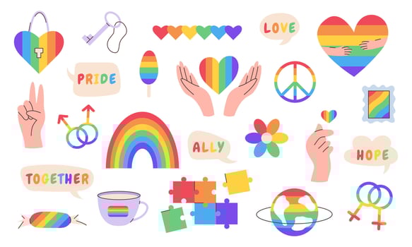 Colorful LGBTQ pride elements set. Rainbow love and equality symbols. Perfect for posters, stickers, cards, and pride month projects. illustration. vector