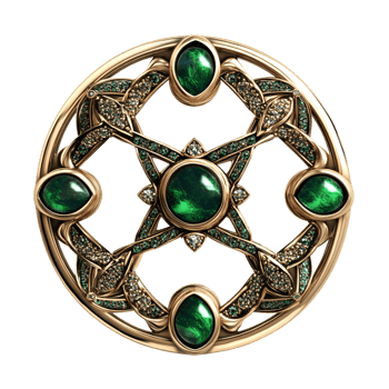 Ornate Gold Green Circular Brooch on transparent background png
