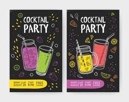 Set of flyer or cocktail party invitation templates with tasty soft drinks or refreshing tropical fruit beverages in jars and glasses with straws. Colored illustration for event advertisement. vector