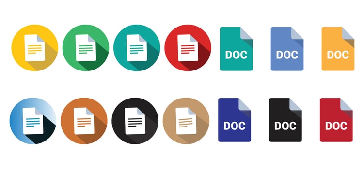 Twelve various file format document icons show several color variations on a white backdrop vector
