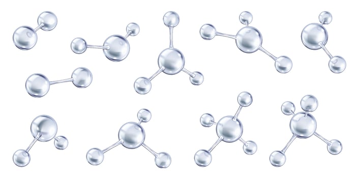 Realistic silver collagen molecules realistic color icons set. Biochemistry healthcare and beauty product 3d objects bundle on white background vector