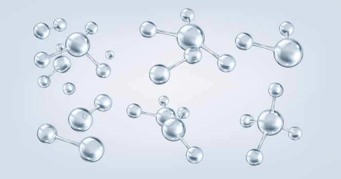 Interconnected silver collagen molecules realistic color icons set. Intricate network of tissue structure 3d objects bundle on grey background vector