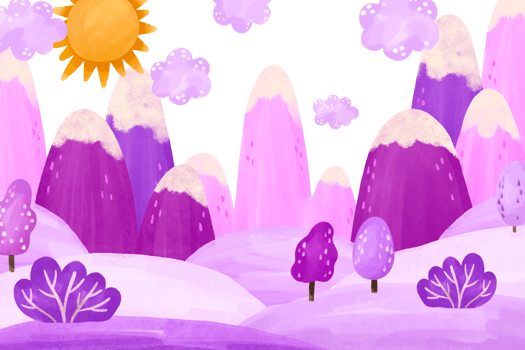 Landscape. Mountain peaks, trees and clouds, sun . Wintertime. Hand drawn watercolor art png