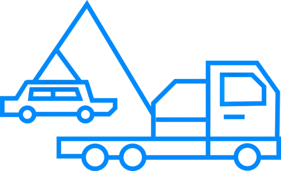 Blue Outline of Tow Truck Lifting Car with Mountain Backdrop png