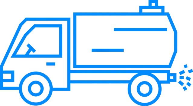 Blue Outline of a Waste Collection Truck with Trash Can Elements png