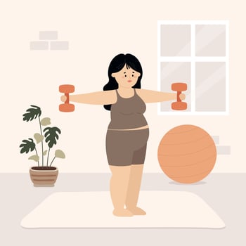 Woman Plus Size Exercising with Dumbbells at Home Hand Drawn Illustration vector