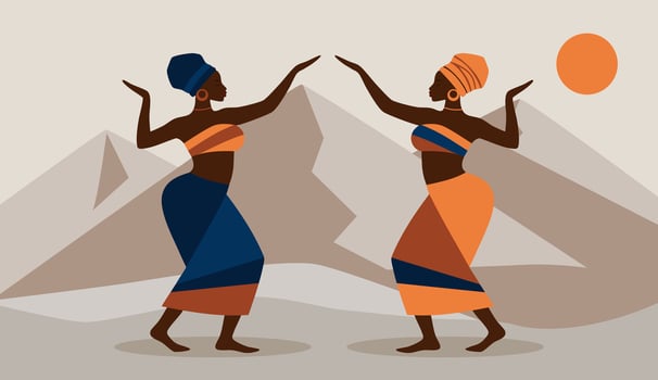 A minimalist flat illustration representing african culture. African women dancing in traditional clothing. Mountains behind vector