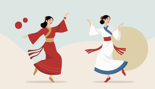 A minimalist flat illustration representing Asian culture. Asian women dancing in traditional cultural attire. Elegant poses vector