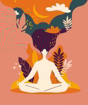 Woman Meditating in Lotus Pose, Abstract Floral Background vector