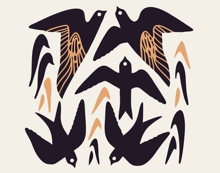 Abstract Art Print Dark Birds and Beige Plants vector