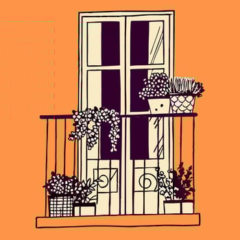 Balcony with potted plants and French doors vector