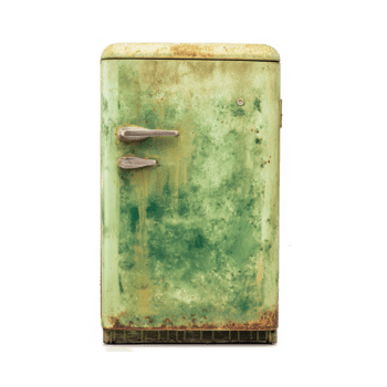 Realistic photo of an old refrigerator with rust and wear on transparency background. worn appliance evokes sense of nostalgia and decay png