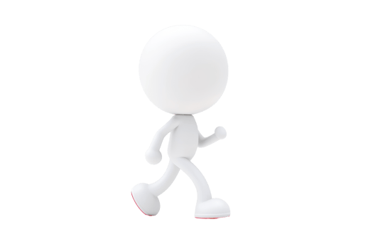 A minimalist figure depicted in a walking pose, characterized by a round head and simple body structure. png
