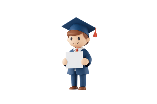 A cheerful graduate wearing a cap and gown, holding a blank certificate, symbolizing achievement and education. png