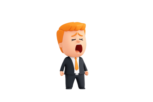 A cartoon character in a suit with orange hair, expressing a loud yawn or shout. png