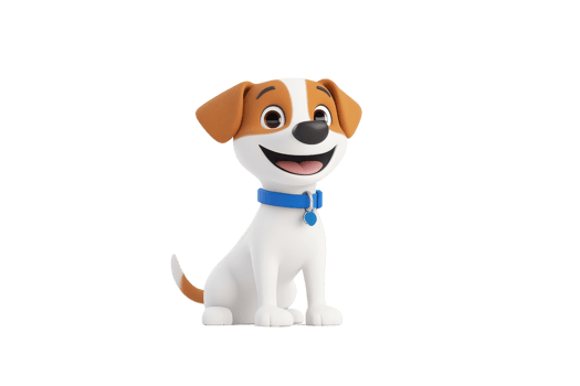 A cheerful cartoon dog with a white body, brown spots, and a blue collar, smiling and posing in a friendly manner. png