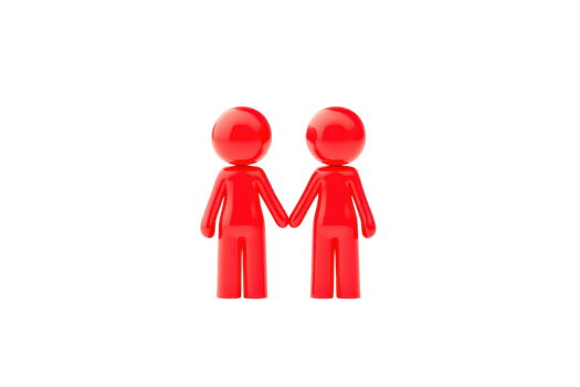 Two red figures holding hands, symbolizing togetherness and connection. png