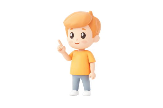 A cheerful cartoon boy with short blonde hair, wearing an orange shirt and gray pants, raises his finger as if having an idea. png