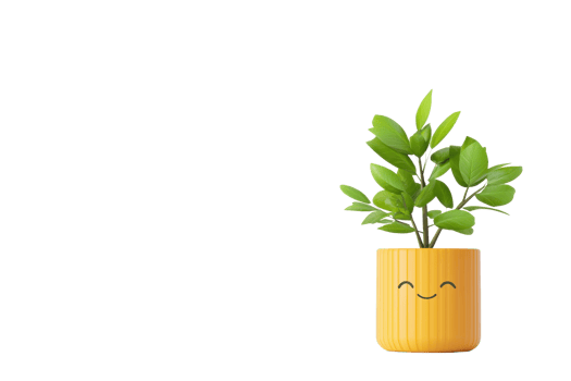 A cheerful potted plant with vibrant green leaves in a yellow pot, featuring a smiling face. png