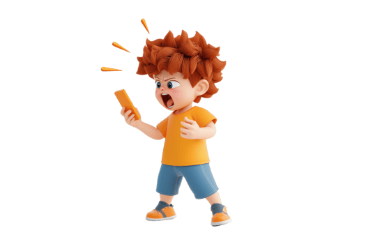 A young boy with spiky orange hair, wearing a yellow shirt and blue shorts, expressing frustration while holding a phone. png