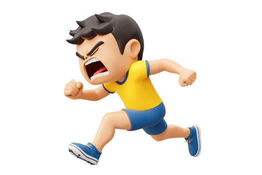 A cartoonish boy in a yellow shirt runs energetically, expressing determination and enthusiasm with an intense facial expression. png