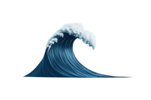 A large, curling wave with frothy white tops, showcasing vibrant blue hues and dynamic movement. png
