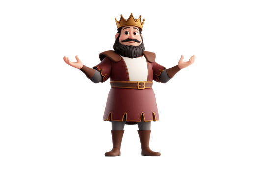 A cartoonish king with a crown, a beard, and a joyful expression, dressed in royal attire, gestures with open arms. png