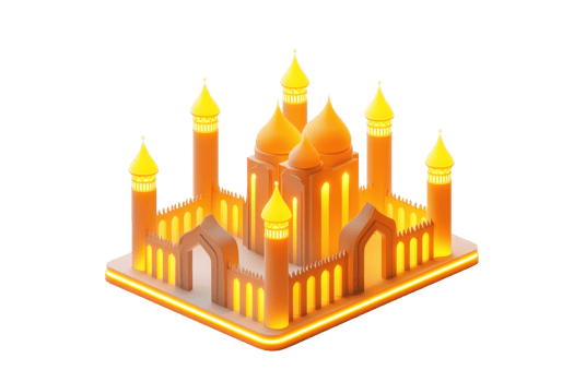 A vibrant, illuminated stylized palace with golden domes and spires, showcasing intricate architectural details. png