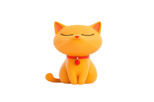 A cute, stylized orange cat figure with closed eyes and a collar, exuding a serene and playful vibe. png