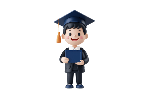 A cheerful boy in graduation attire holding a diploma, wearing a cap with a tassel and a formal suit. png