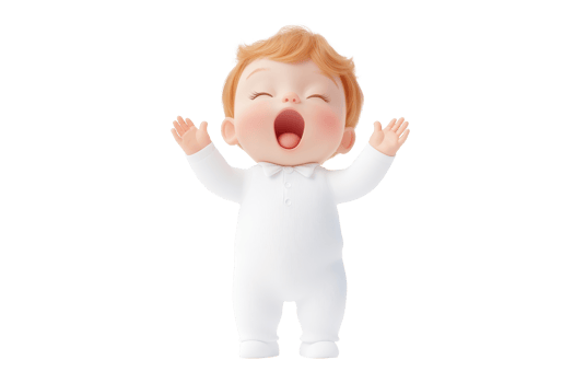 A cheerful baby doll with a joyful expression, arms raised, wearing a white outfit. png