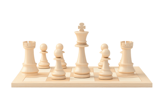 A chess set featuring elegant wooden pieces arranged on a board, showcasing the king, rooks, and pawns ready for play. png