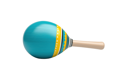 A colorful wooden maraca featuring a vibrant turquoise finish and decorative patterns, designed for musical rhythm and play. png
