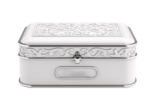 An ornate, rectangular box featuring intricate designs on the lid, made from a shiny, reflective material, perfect for storage or decoration. png