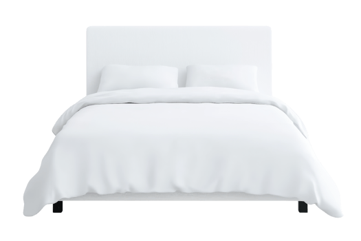 A modern white bed with two pillows and a fluffy comforter, designed for a cozy sleeping space. png
